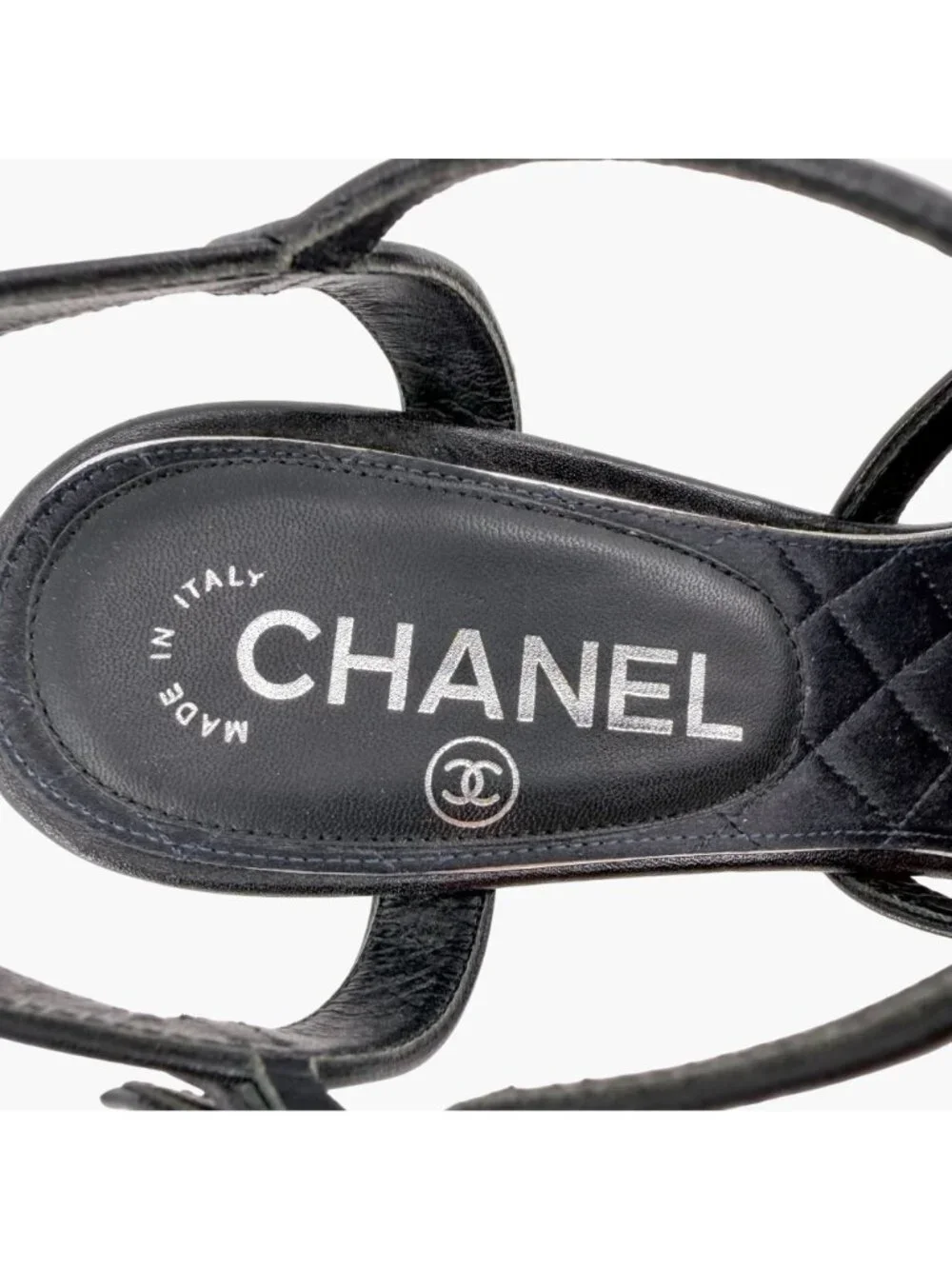 Chanel Black Leather Crystal CC Strappy Heeled Sandals Shoes Size 37 US 6–6.5